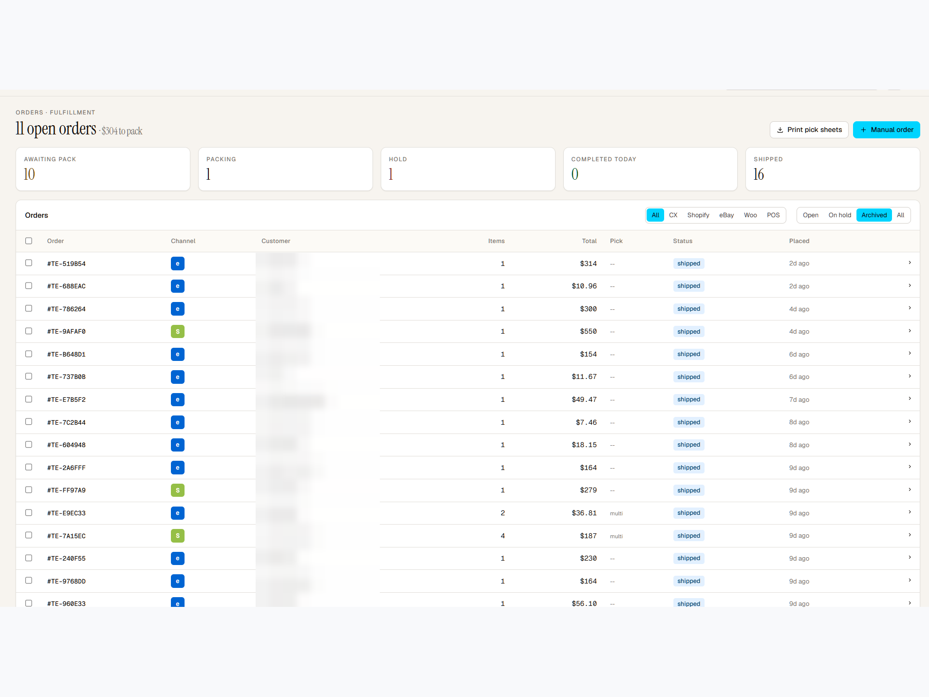 Order fulfillment queue — open orders across channels with pick sheets, packing status and shipped history (customer names blurred)