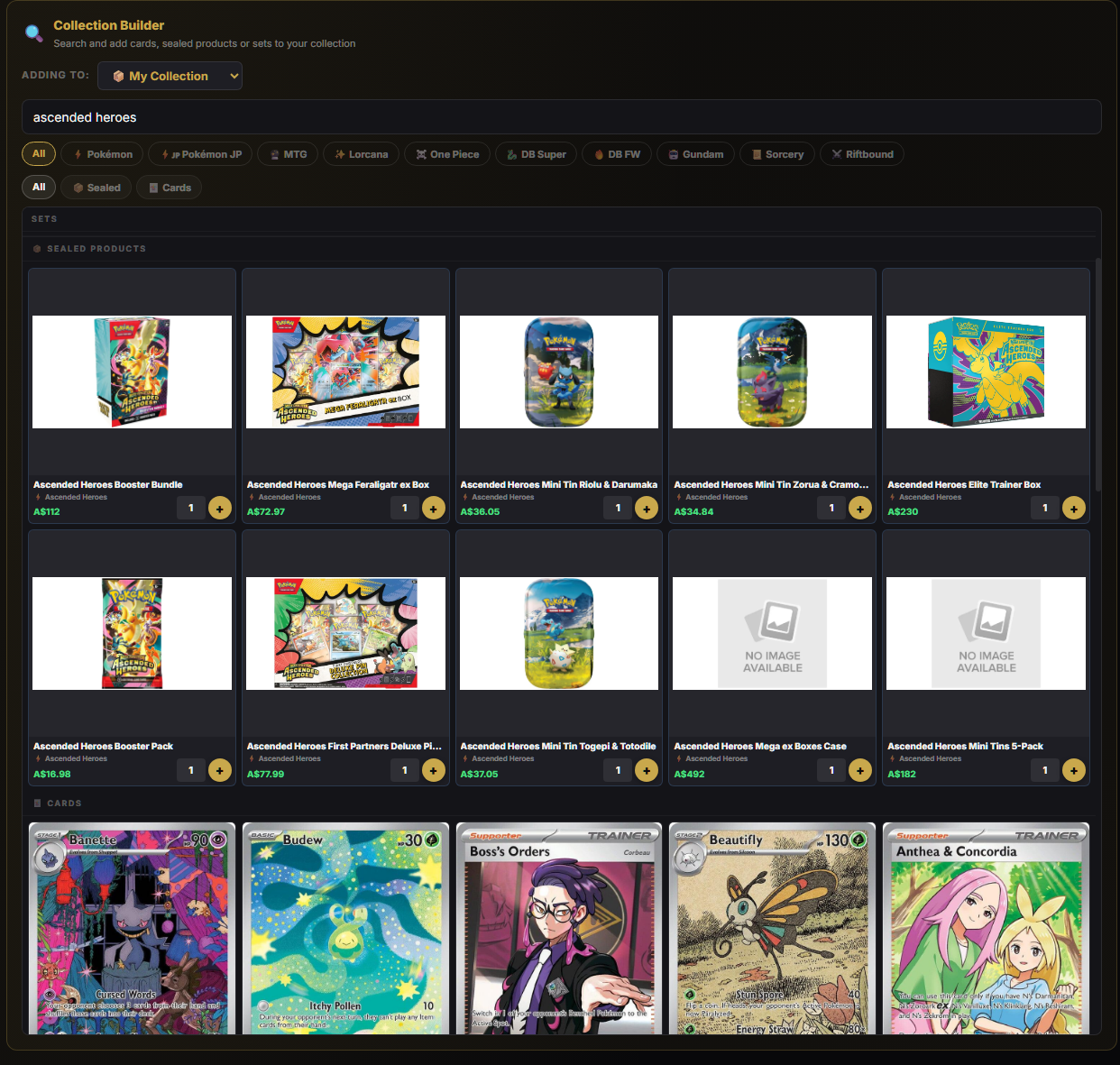 Universal product picker — search across 126K cards and 7K sealed products