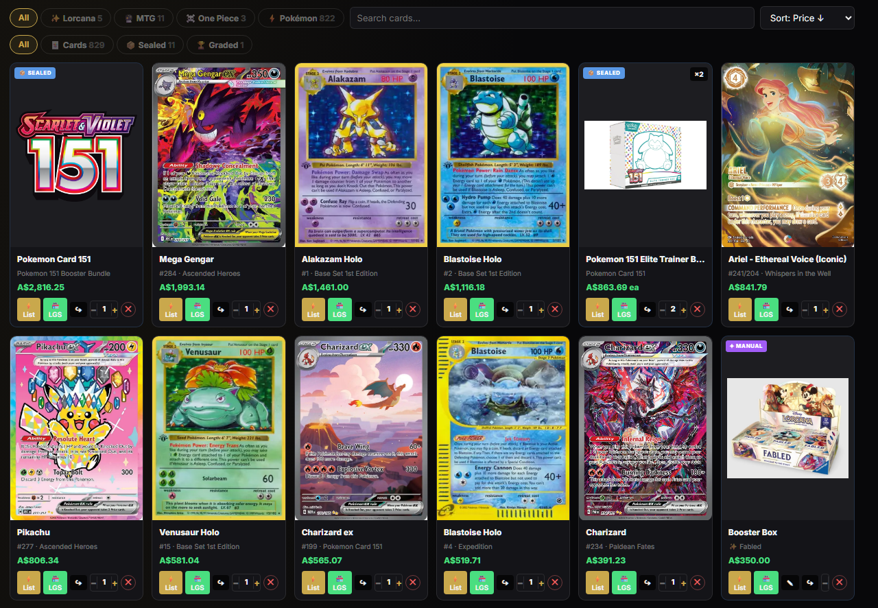 TCG Vault — collection view with cards, sealed products, pricing and actions